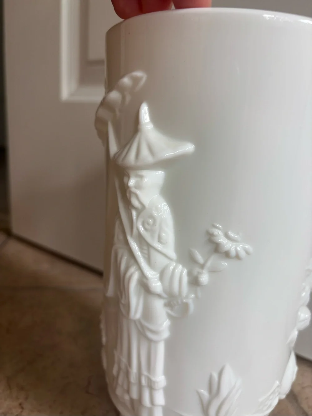 Vintage Fenton Asian Empress Milk Glass White Relief Decorative Vase Yang